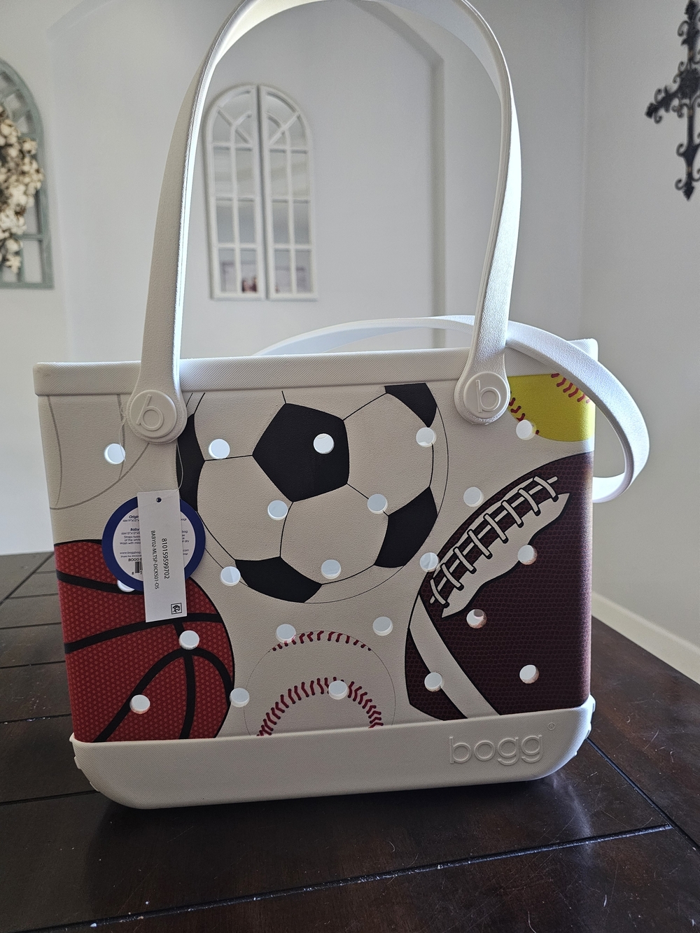 BOGG BAG White Sports Print Tote with Multicolor Ball Graphics